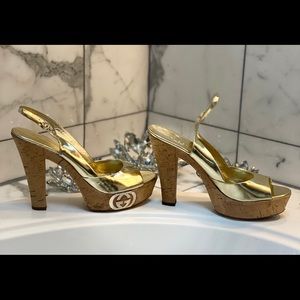 Gucci Gold Patent Leather Cork Platform Peep Toe